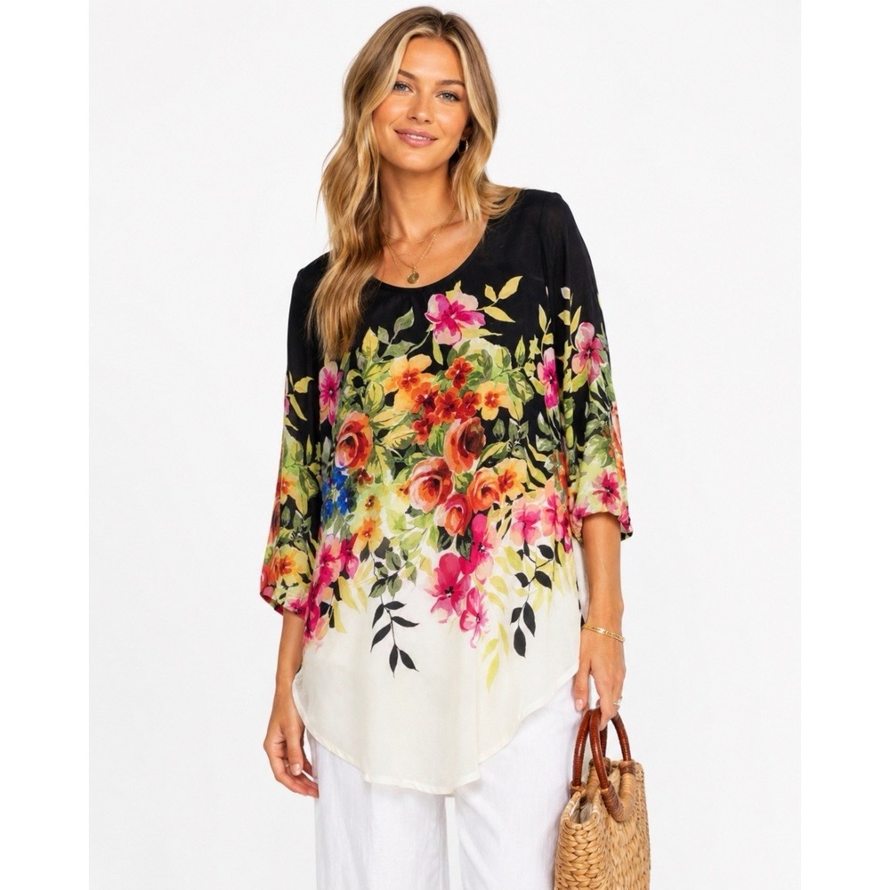 Johnny Was Betty Floral Tunic Top Small Rayon  Cupra Boho Cottagecore Resort